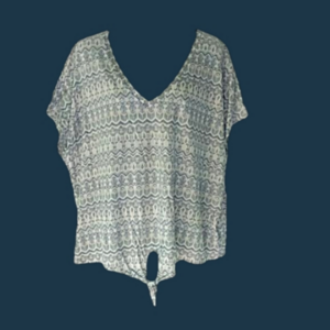 2/25 NWOT Cream V Neck Flutter Sleeve Tie Front Top Blue Geometric Pattern